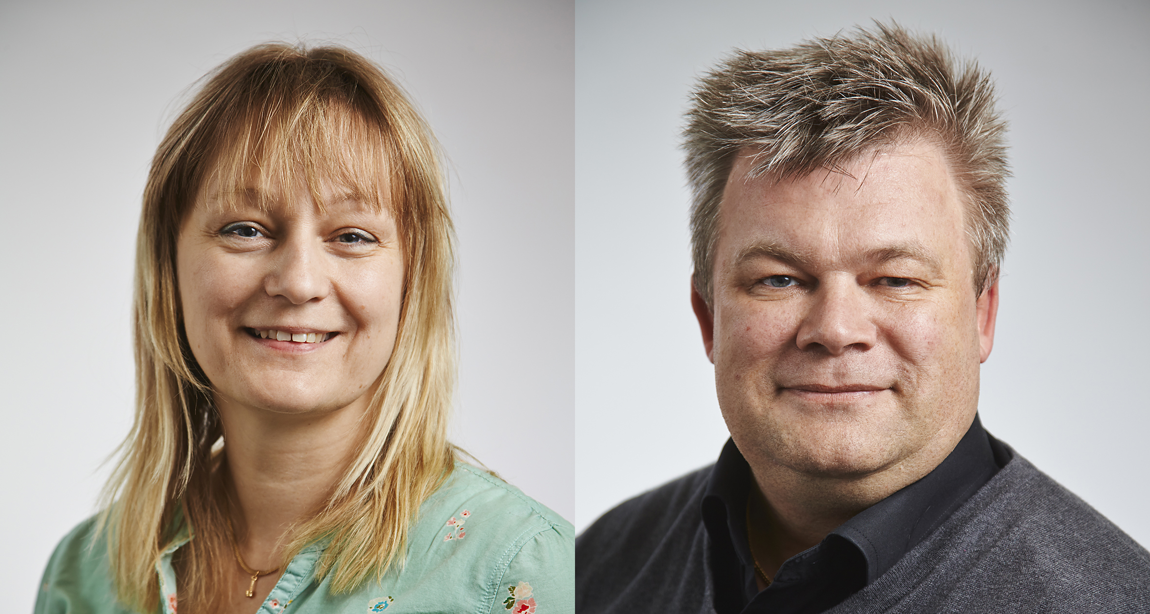 Montage av två porträttbilder med personer som ler mot kameran,